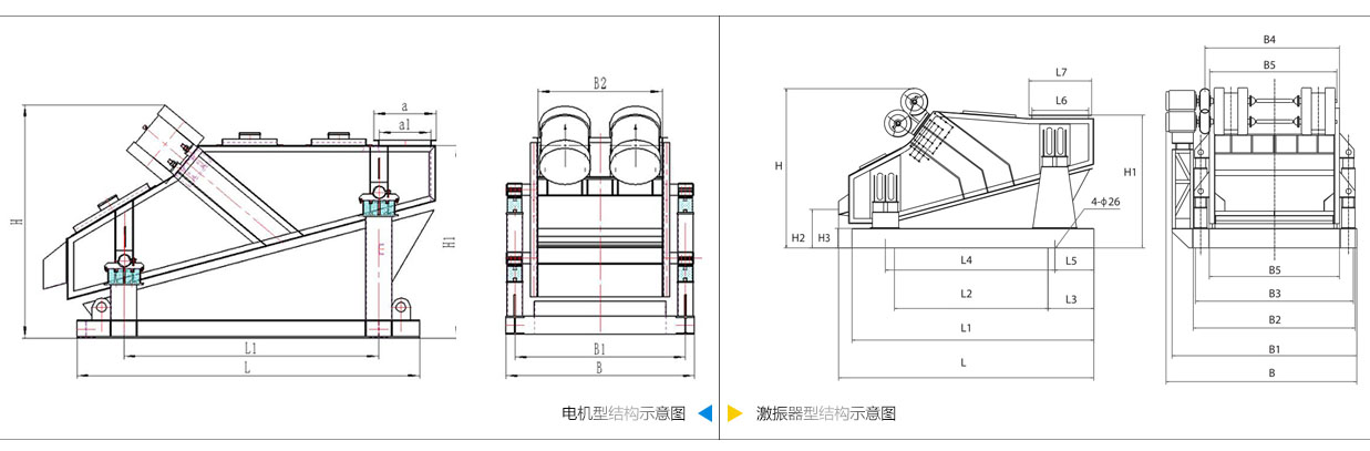 礦用振動篩電機振動式和激振器振動式的內部結構尺寸圖。