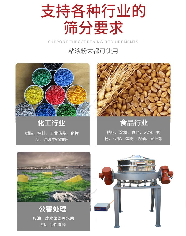 直排篩適用行業：化工行業，食品行業，金屬行業，以及公害處理等行業。支持各種行業的篩分要求。